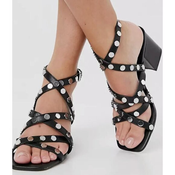 ASOS DESIGN Womens Harlow studded blocked heeled sandals in black US SIZE 7 - Picture 1 of 12